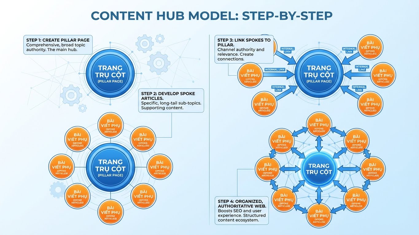 Mô hình Content Hub: Trang trụ cột và các bài viết phụ liên kết chặt chẽ.