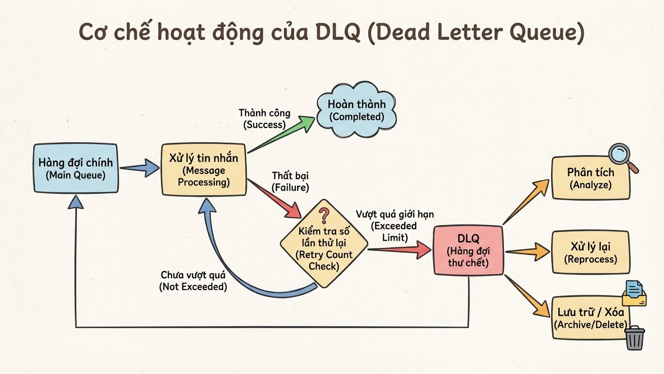 Cơ chế hoạt động của DLQ: Tin nhắn lỗi được chuyển đến DLQ sau khi vượt quá số lần thử lại, chờ phân tích hoặc xử lý lại.