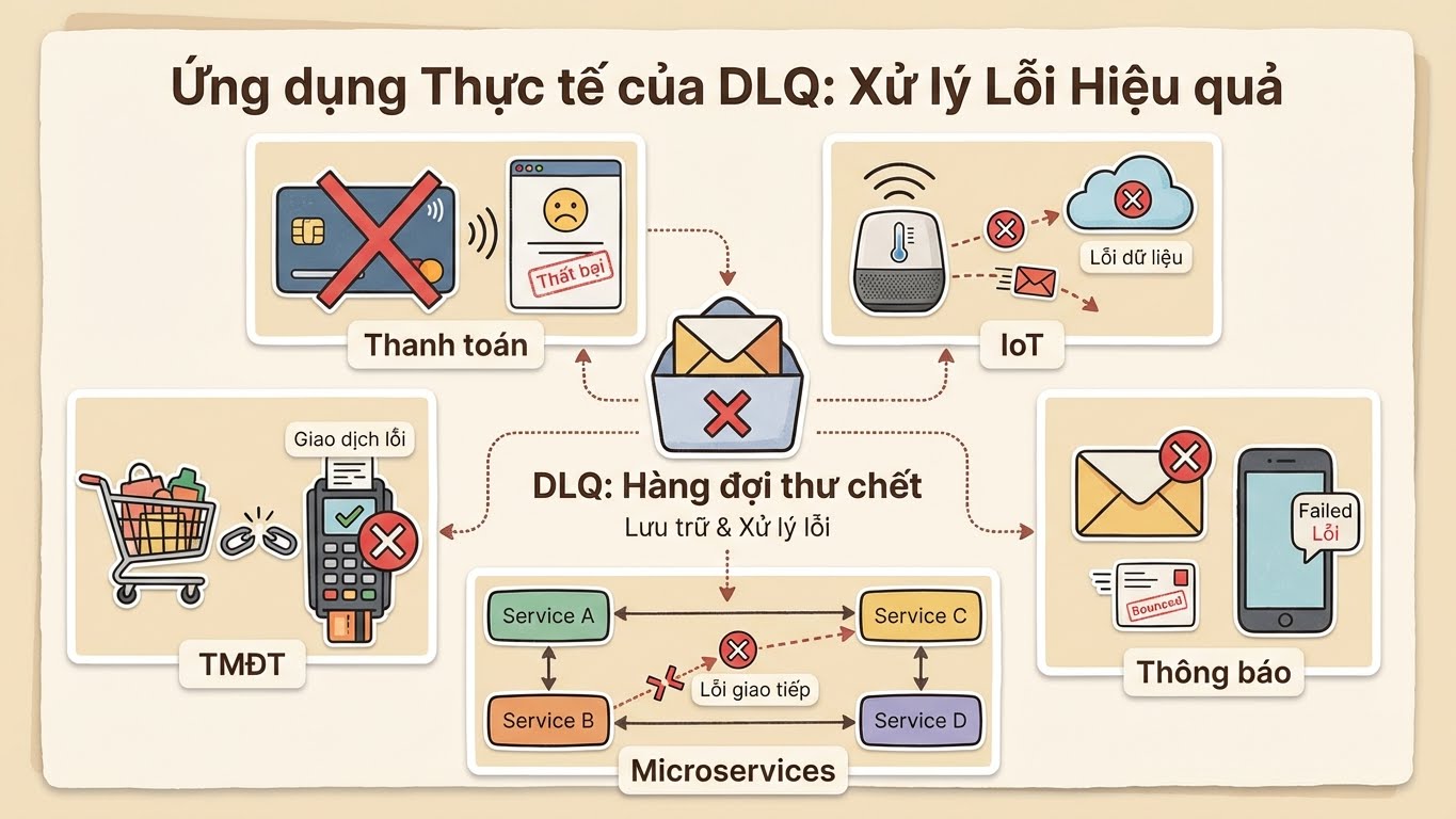 DLQ là công cụ đa năng, ứng dụng rộng rãi từ thương mại điện tử, thanh toán đến IoT và kiến trúc microservices.