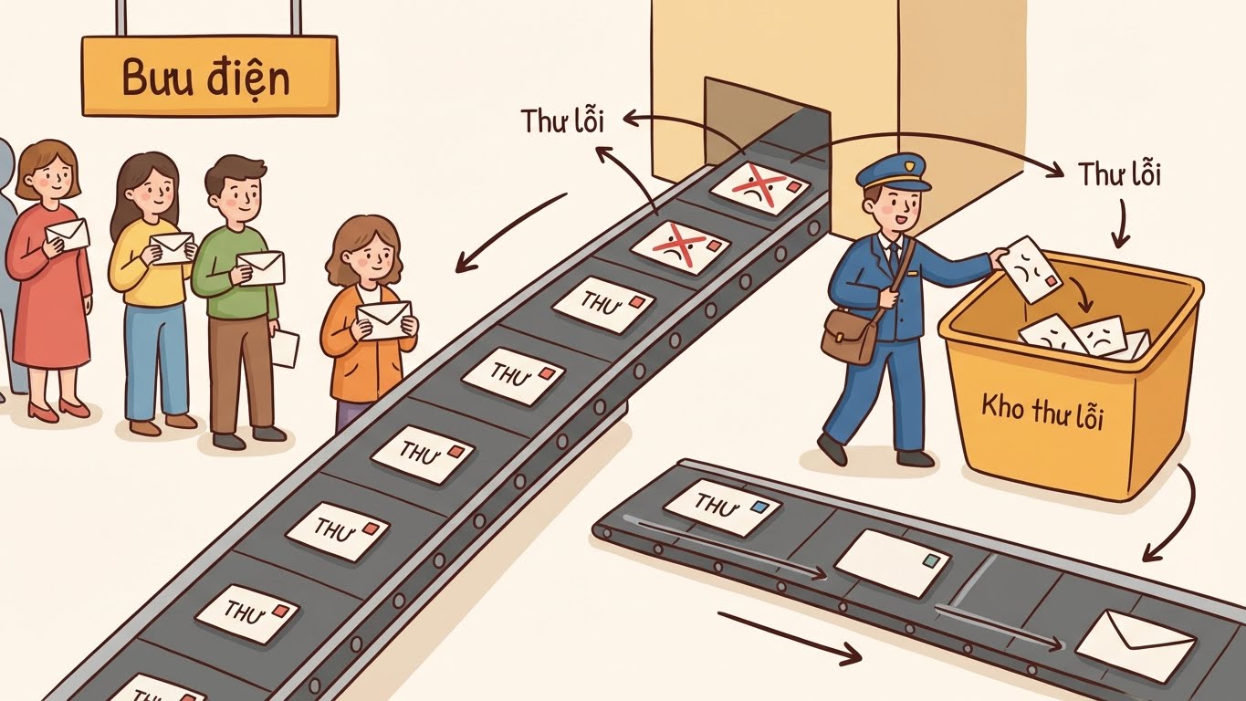 Hình dung DLQ như một kho lưu trữ riêng biệt cho những 'lá thư' (tin nhắn) không thể gửi được, giúp hệ thống chính không bị ùn tắc.