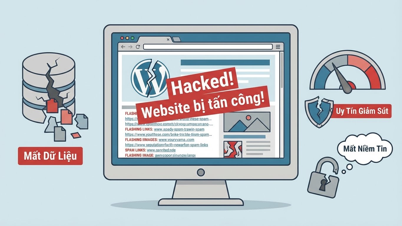 Hậu quả nghiêm trọng khi website WordPress bị tấn công và chiếm quyền quản trị.