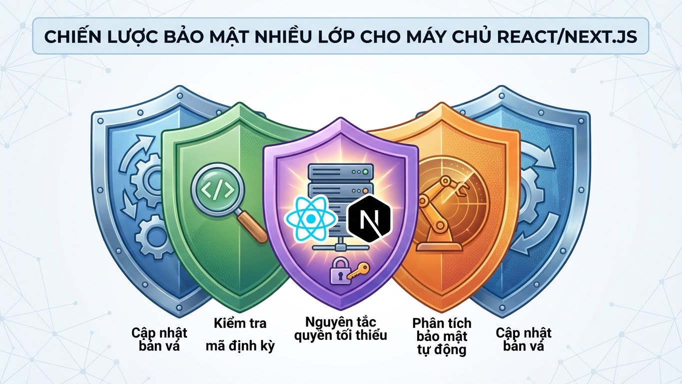 Các lớp phòng thủ quan trọng để bảo vệ ứng dụng React/Next.js khỏi lỗ hổng RCE.