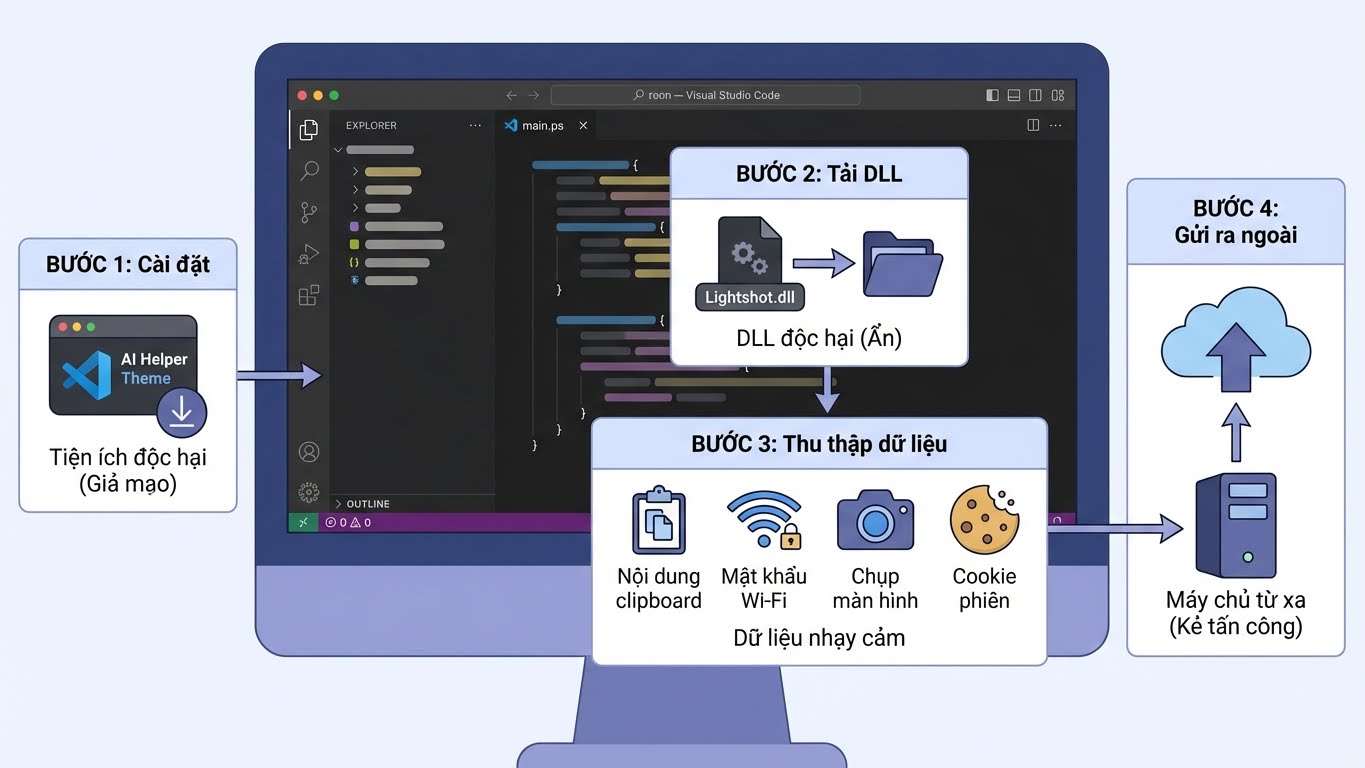 Quy trình mã độc VS Code âm thầm đánh cắp dữ liệu của bạn chỉ qua một tiện ích mở rộng tưởng chừng vô hại.