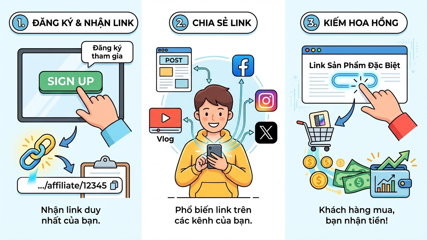 Ba bước đơn giản để bắt đầu với tiếp thị liên kết.