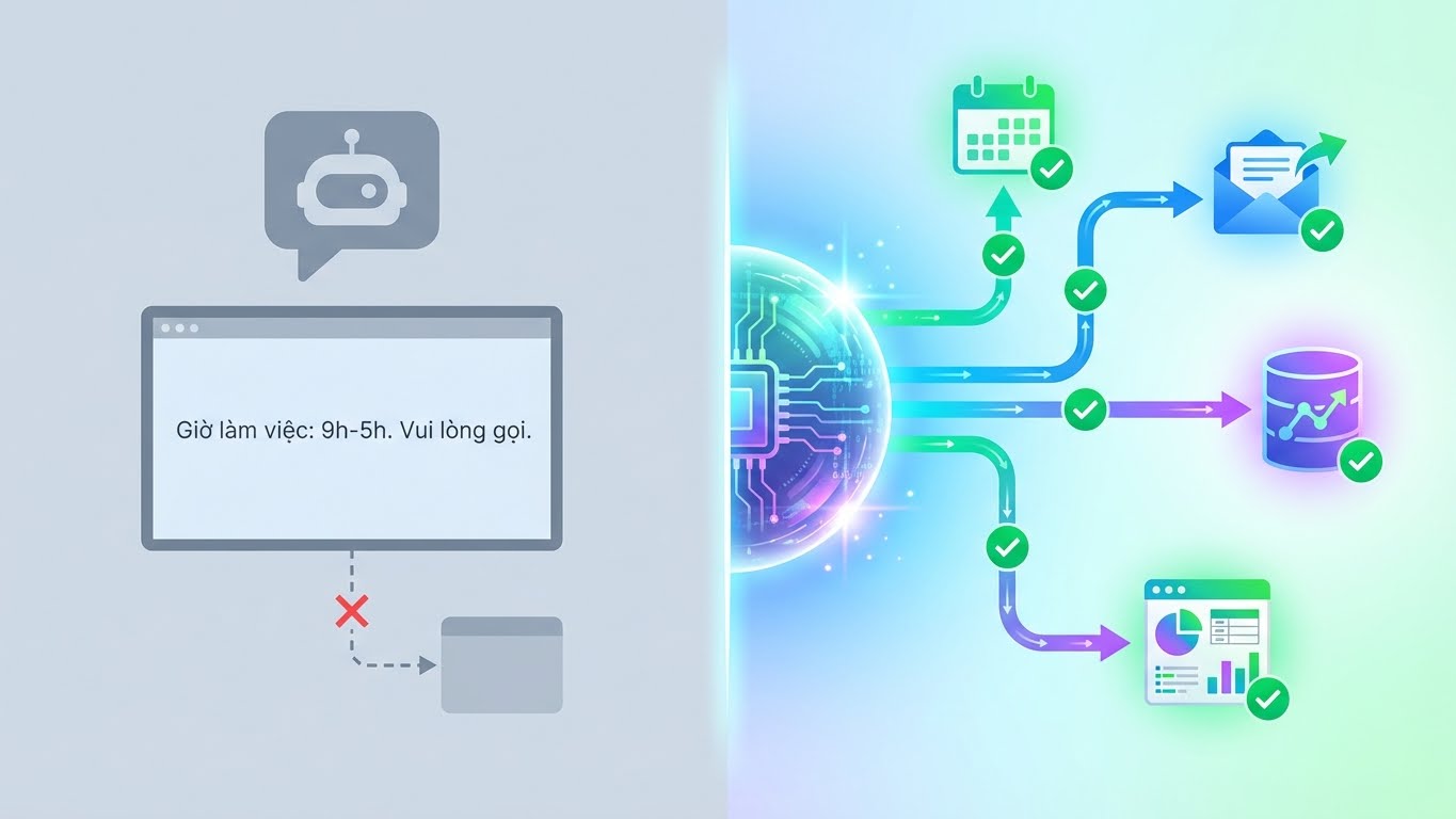 Chatbot truyền thống chỉ đọc thực đơn, còn Tác nhân AI thực sự hành động! Từ đặt lịch đến cập nhật CRM, mọi thứ đều tự động.