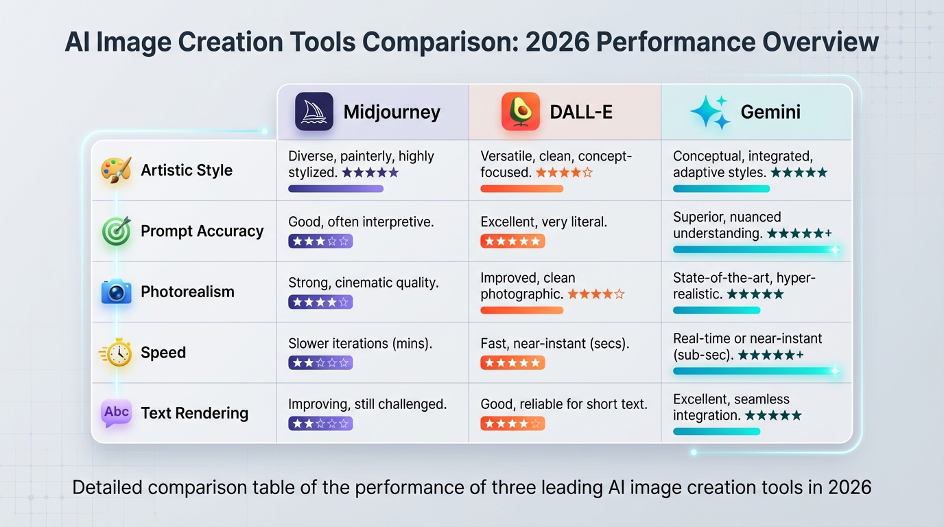Bảng so sánh hiệu năng Midjourney vs DALL-E vs Gemini 2026