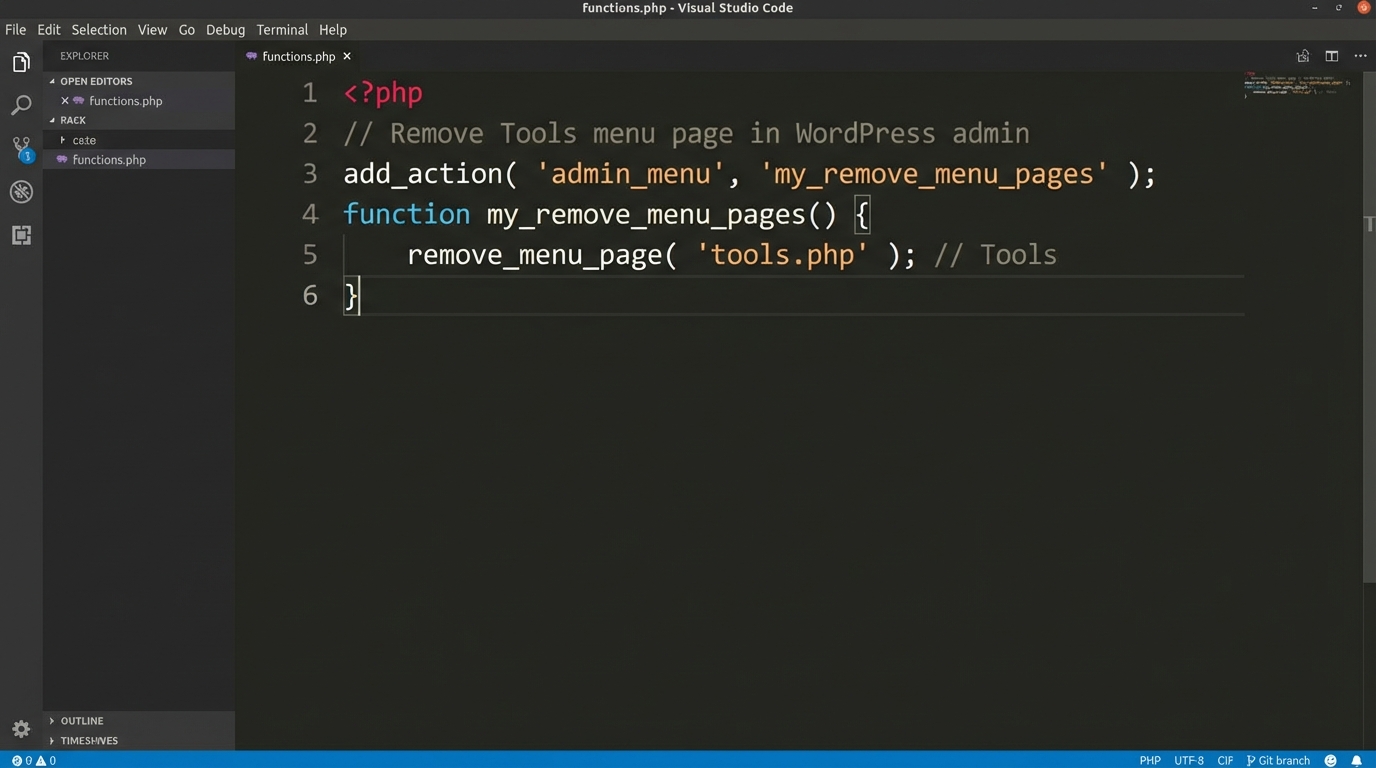 Đoạn code remove_menu_page trong file functions.php ẩn admin menu wordpress