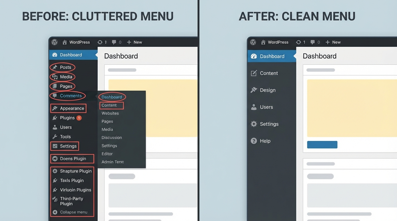 Giao diện WordPress admin trước và sau khi ẩn admin menu wordpress