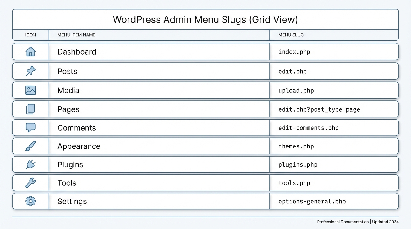 Danh sách menu slug phổ biến để ẩn admin menu wordpress