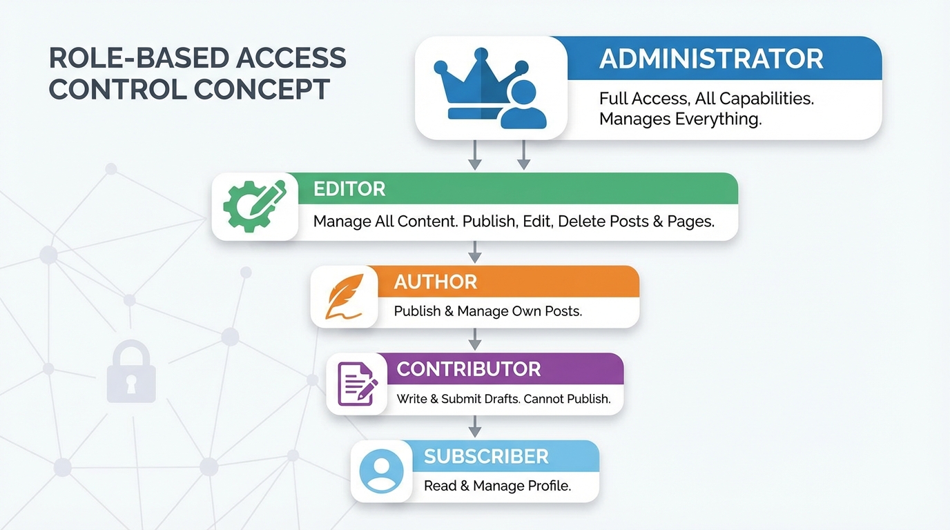 Sơ đồ phân quyền người dùng WordPress để ẩn admin menu wordpress theo vai trò