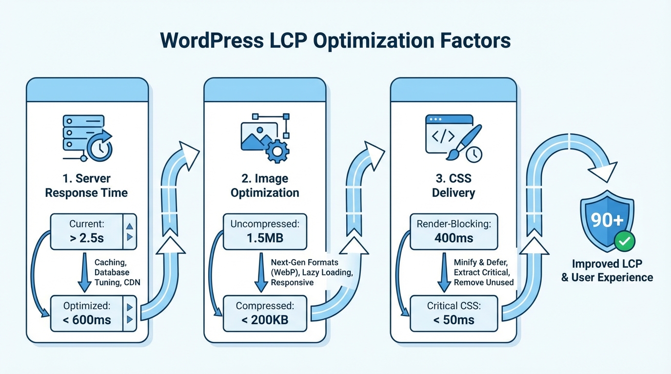 Minh họa các yếu tố ảnh hưởng LCP trên WordPress