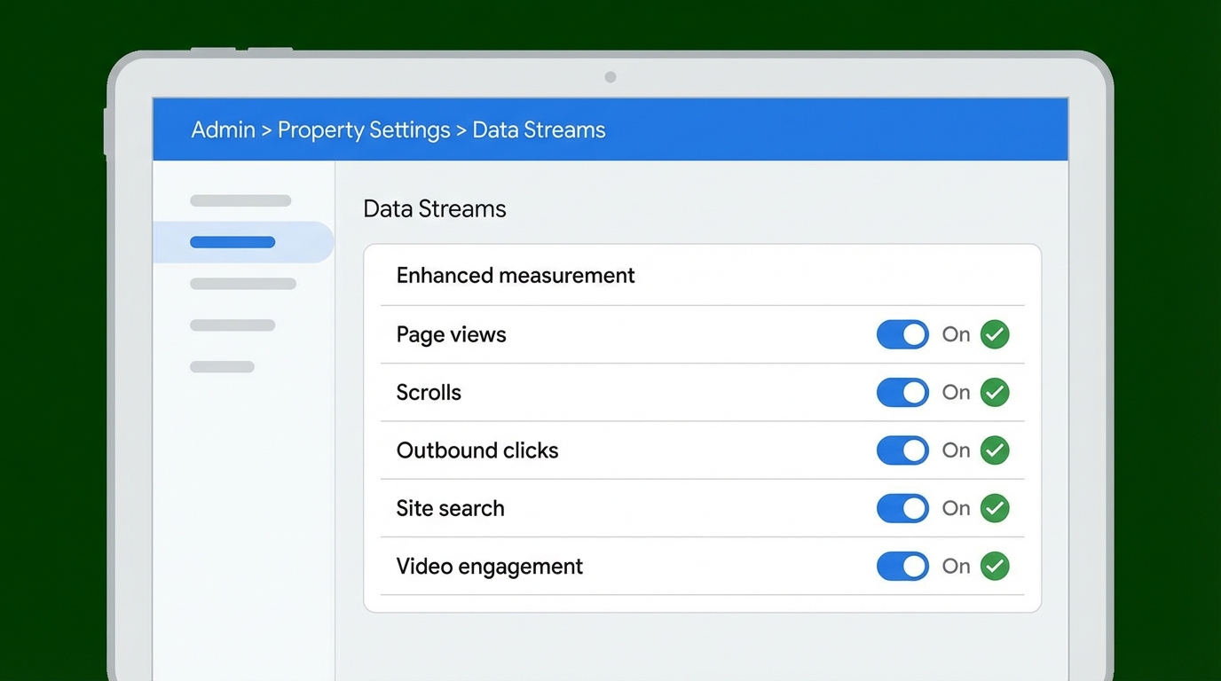 Giao diện bật Enhanced Measurement trong GA4 Admin