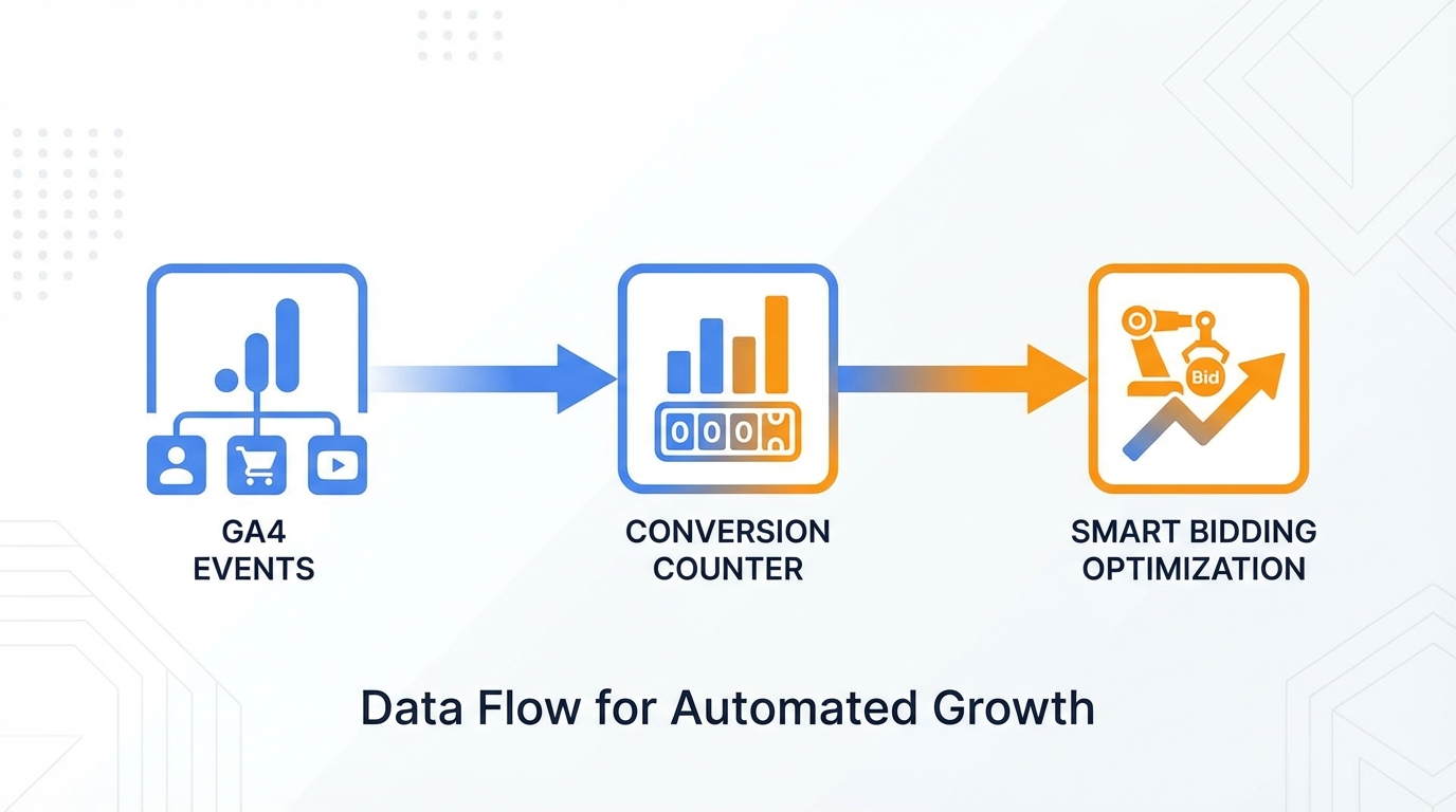 Sơ đồ flow dữ liệu từ GA4 Key Events sang Google Ads Smart Bidding