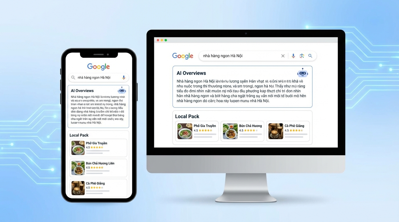 Sơ đồ minh họa Local Pack tích hợp AI Overviews trong kết quả tìm kiếm 2026