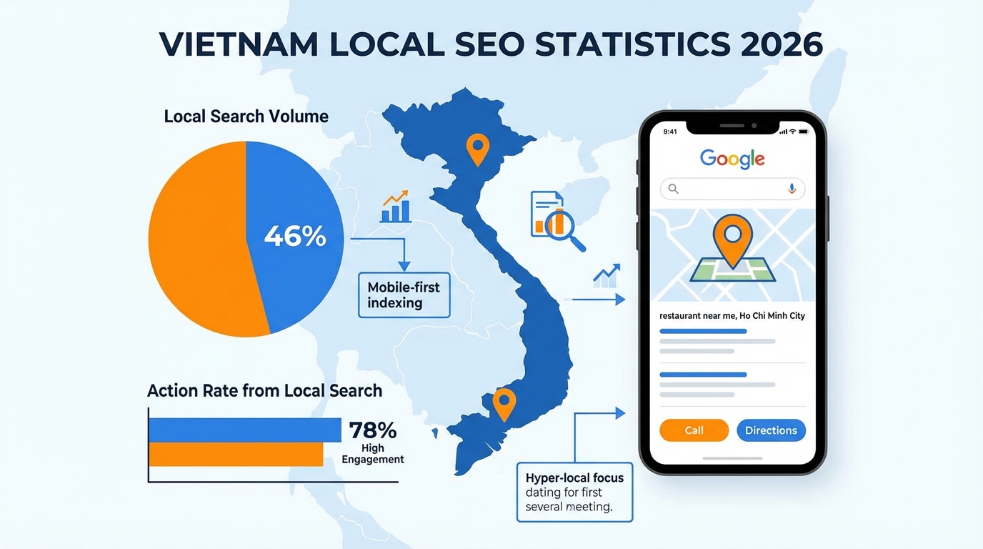 Biểu đồ số liệu Local SEO 2026 - 46% tìm kiếm có yếu tố địa phương, 78% hành động trong 24h