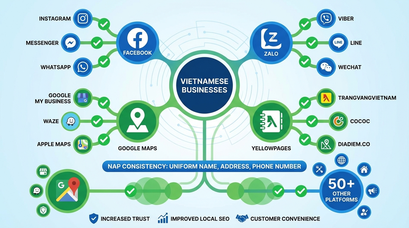 Sơ đồ minh họa NAP nhất quán trên 50+ nền tảng cho doanh nghiệp Việt Nam