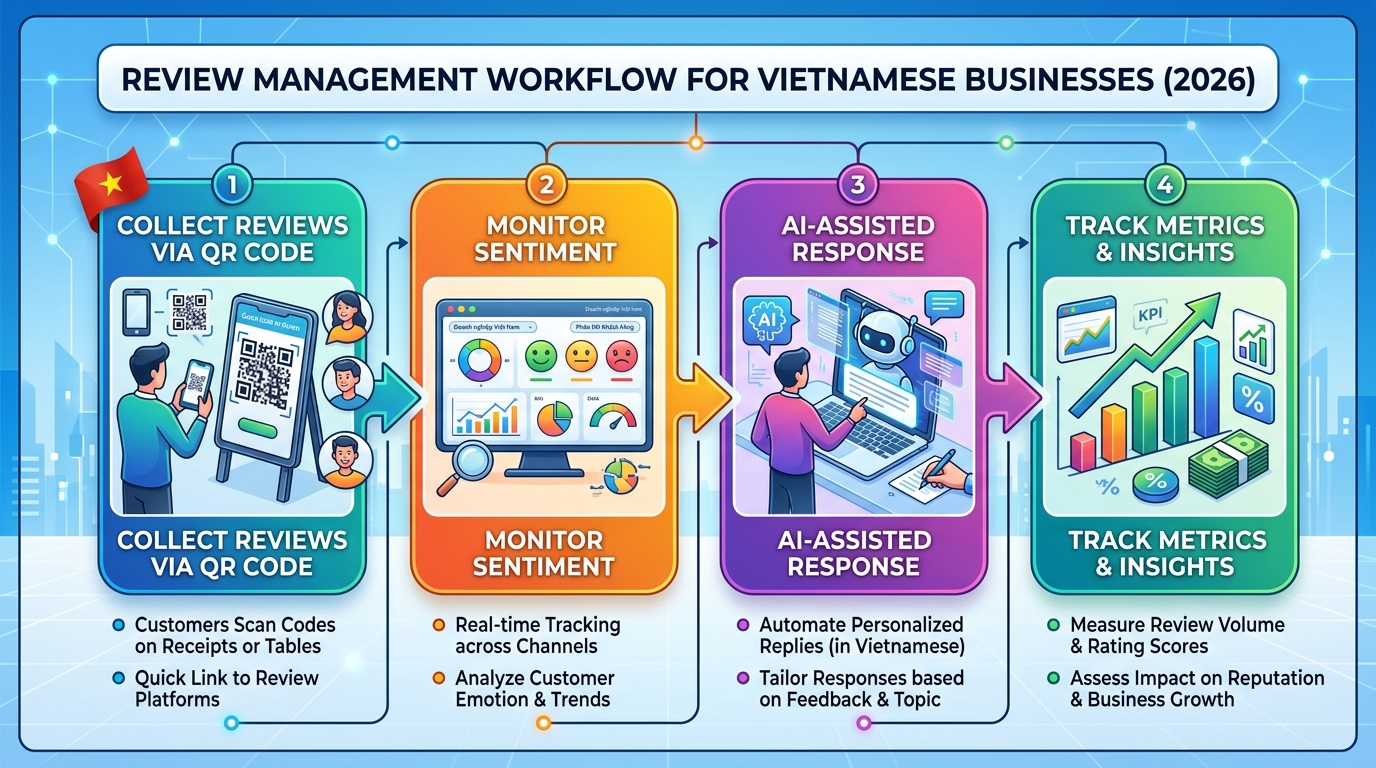 Sơ đồ chiến lược review management cho doanh nghiệp Việt Nam 2026 - từ thu thập đến phản hồi