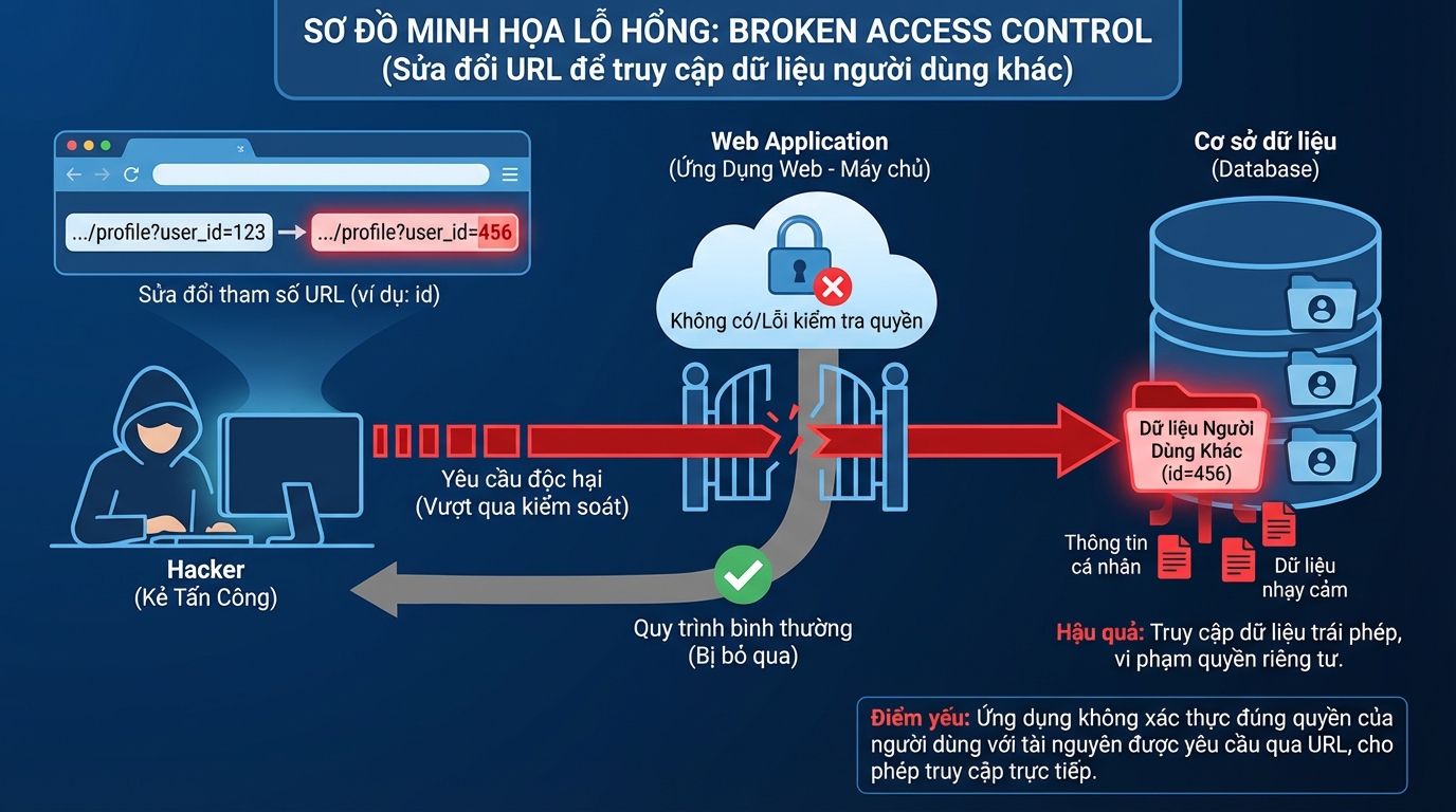 Sơ đồ minh họa lỗ hổng Broken Access Control kẻ tấn công truy cập trái phép dữ liệu người dùng khác
