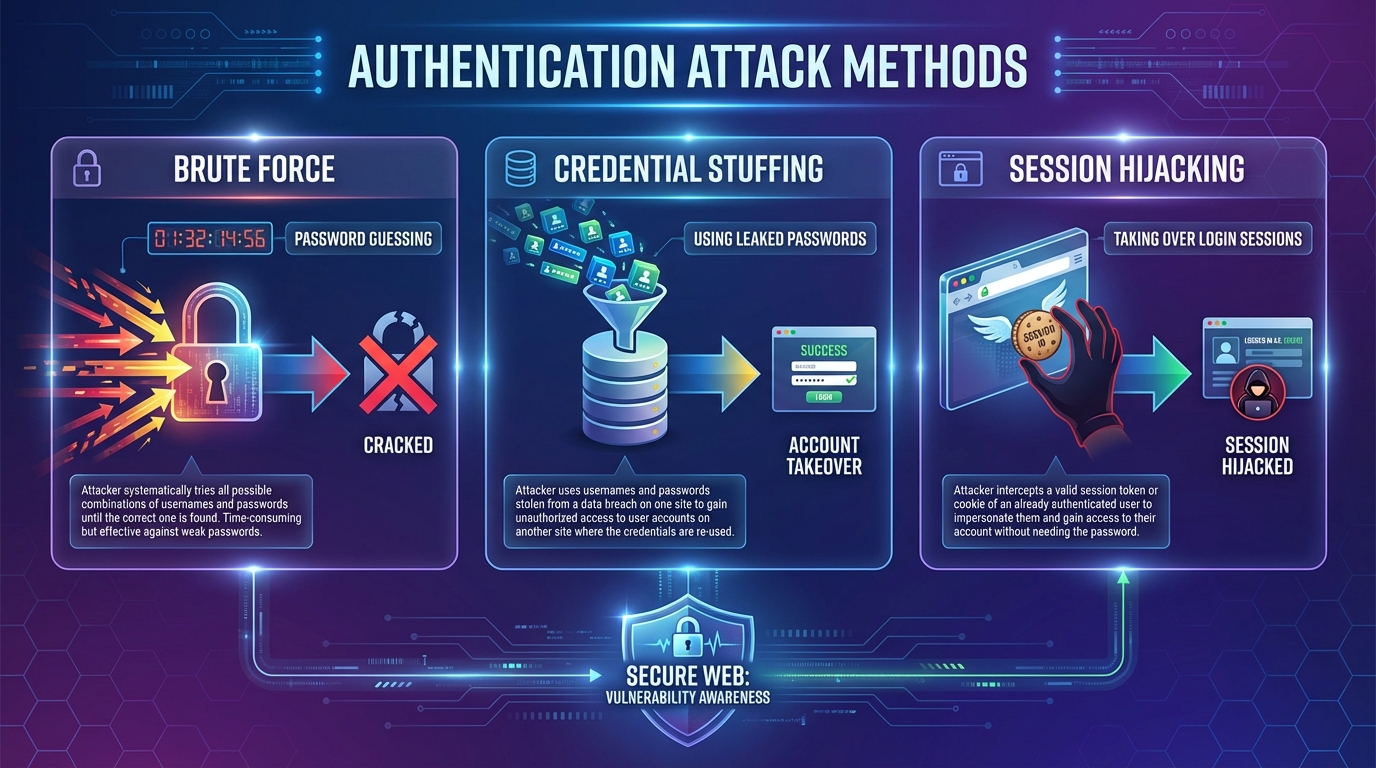 Sơ đồ các phương thức tấn công xác thực phổ biến brute force credential stuffing session hijacking