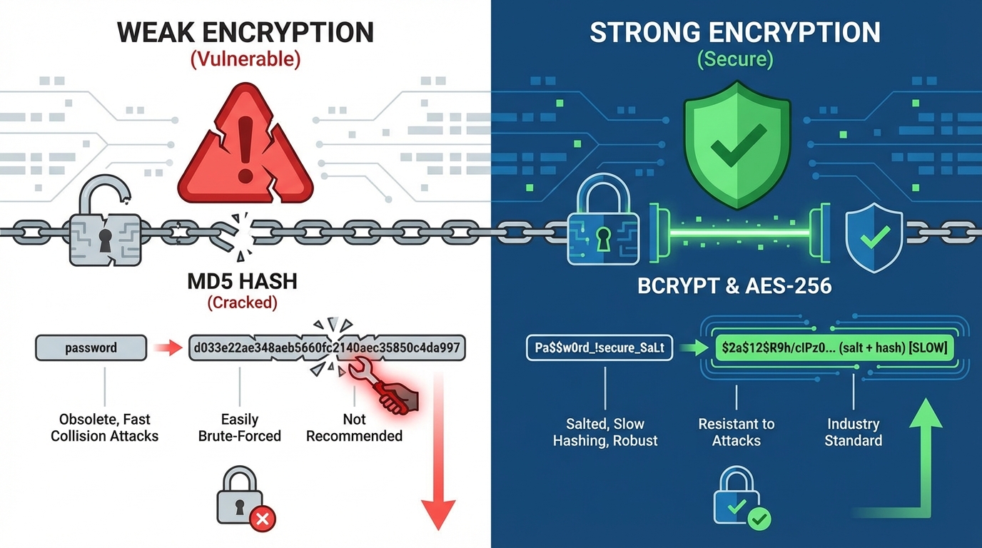 Sơ đồ so sánh mã hóa yếu MD5 với mã hóa mạnh bcrypt và AES-256