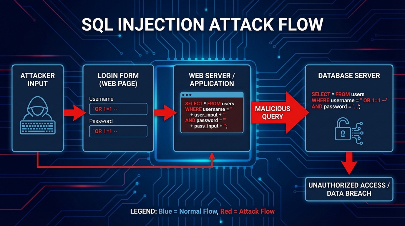 Sơ đồ minh họa cách SQL Injection hoạt động qua input form đăng nhập