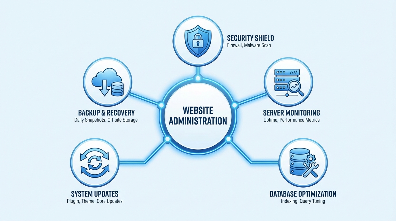 Sơ đồ các công việc quản trị website bao gồm bảo mật, backup, update