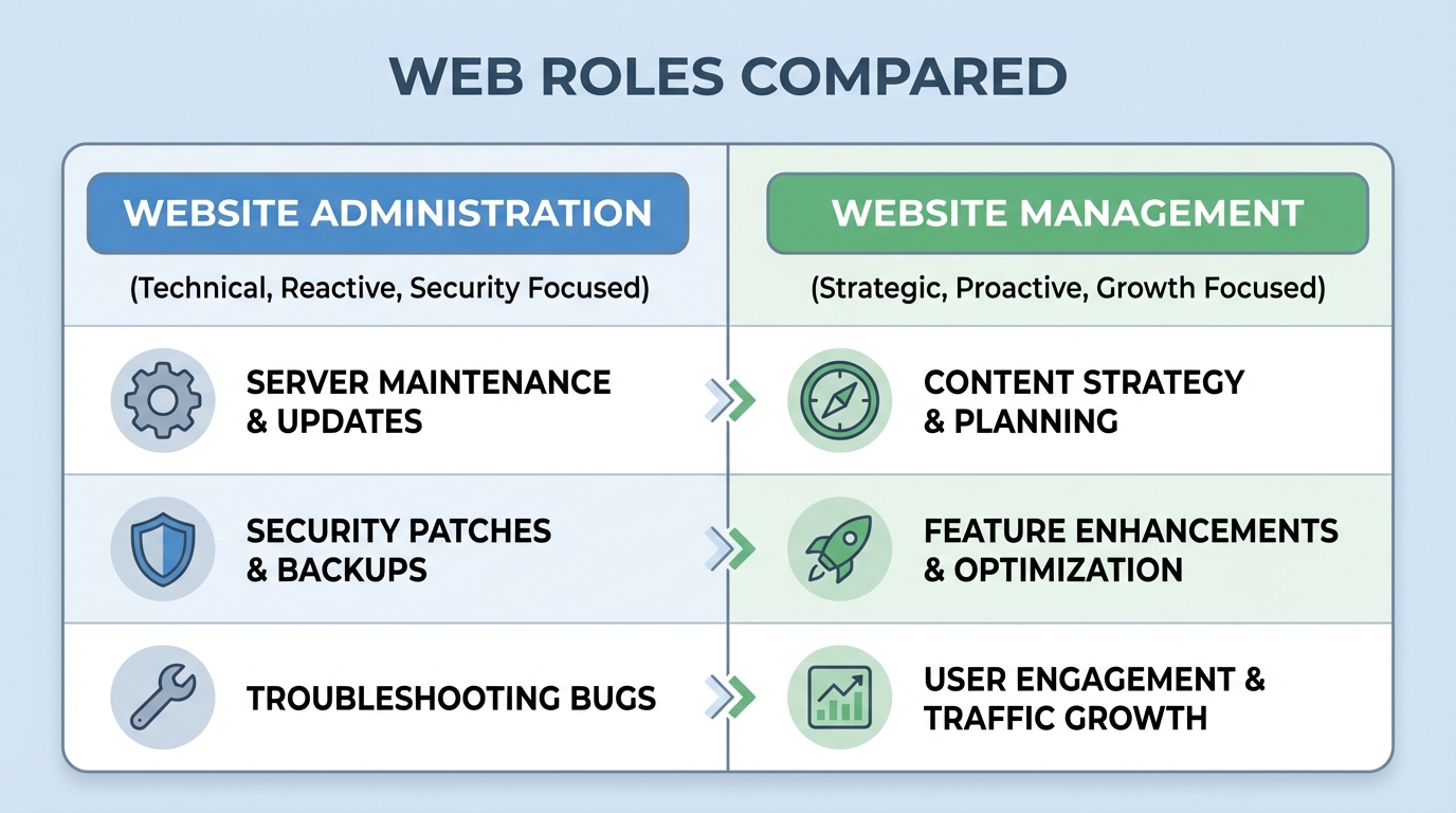 Bảng so sánh Quản trị website và Quản lý website