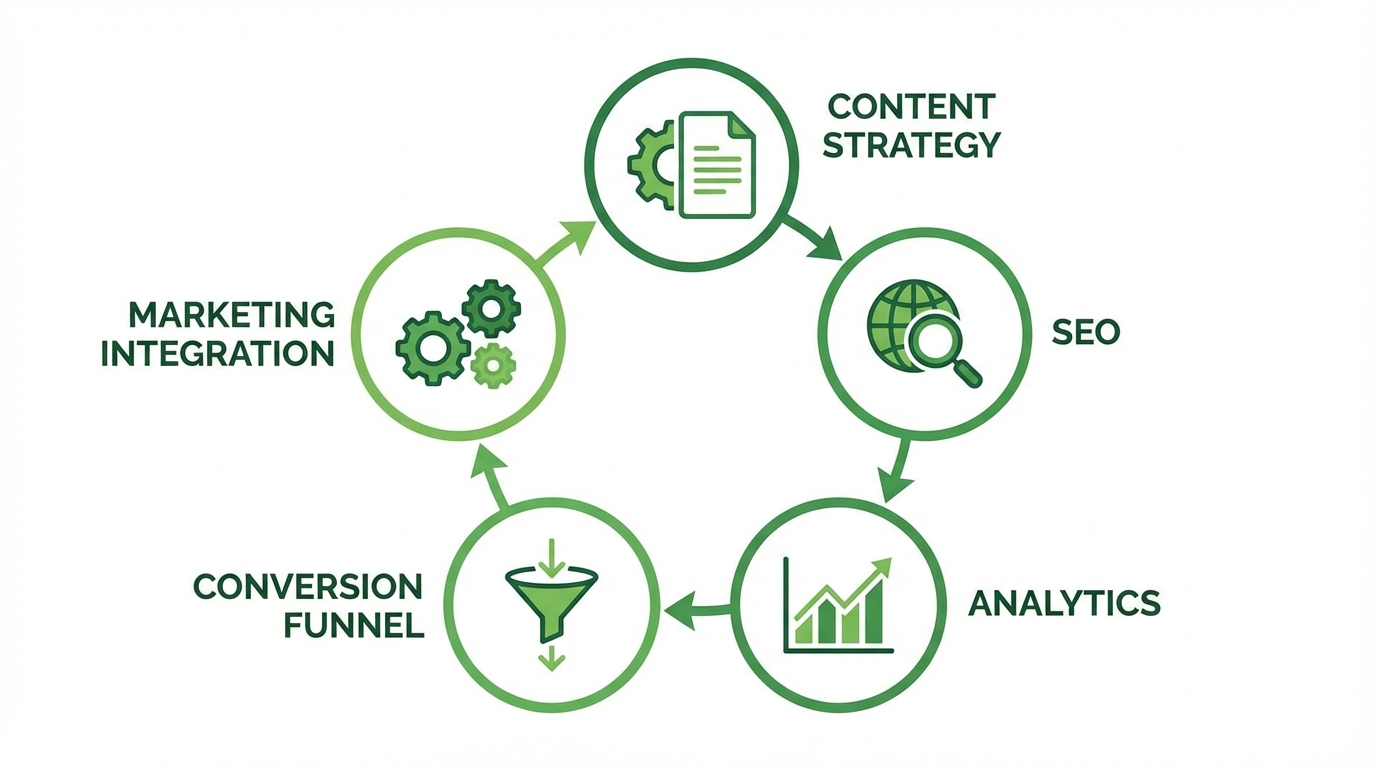 Sơ đồ các công việc quản lý website bao gồm chiến lược nội dung, SEO, analytics