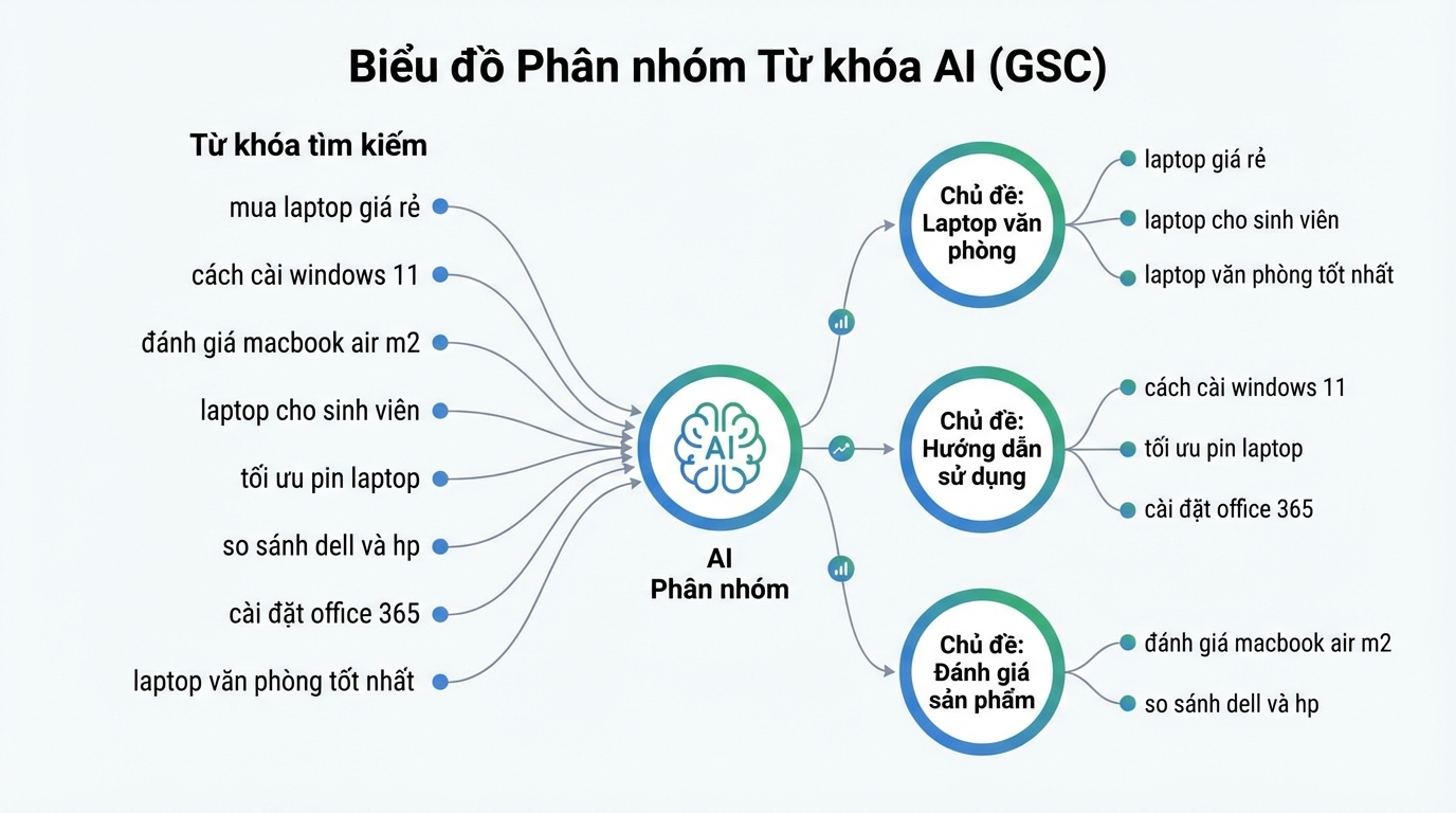 Sơ đồ Search Console Query Groups gom truy vấn相似 thành nhóm theo chủ đề