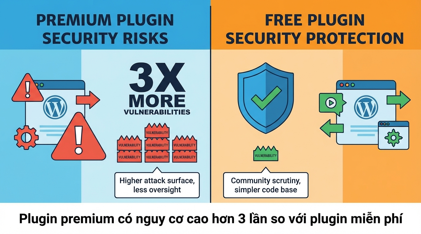 Hình minh họa rủi ro plugin WordPress premium vs miễn phí