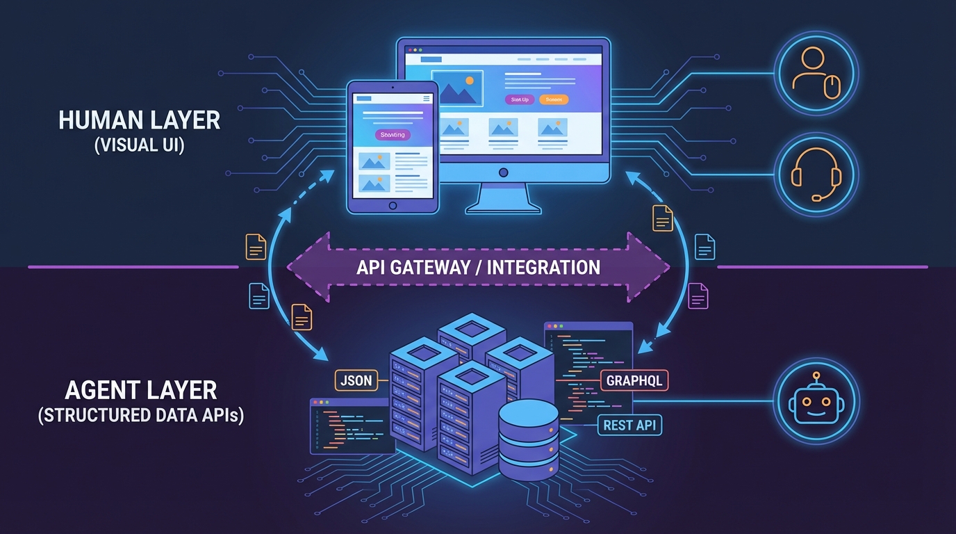 Sơ đồ kiến trúc dual-layer website cho humans và AI agents