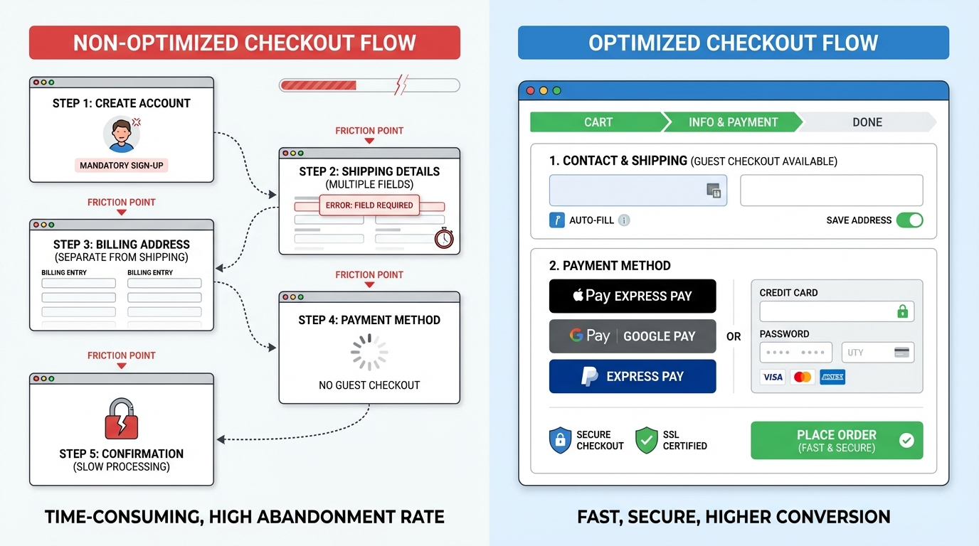 So sánh quy trình checkout tối ưu hành trình mua hàng trước và sau tối ưu với các chỉ số cải thiện
