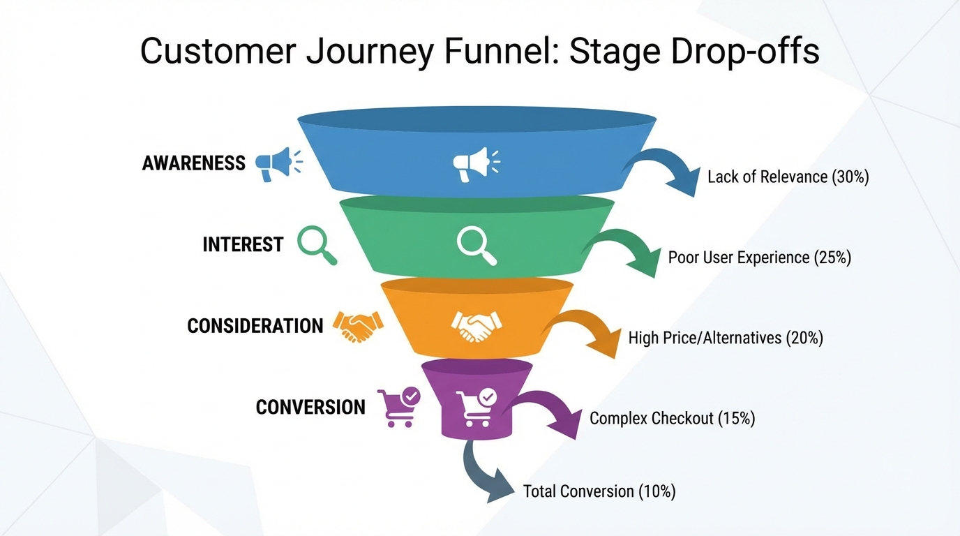 Sơ đồ phễu funnel tối ưu hành trình mua hàng với các điểm rò rỉ khách hàng