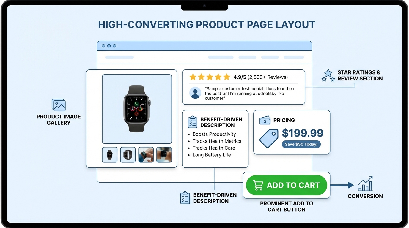 Sơ đồ bố cục trang sản phẩm với các yếu tố chuyển đổi trong hành trình mua hàng: hình ảnh, đánh giá, mô tả, CTA