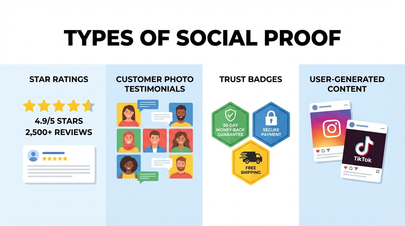 Các loại social proof tối ưu hành trình mua hàng: đánh giá, UGC, trust badges, testimonial