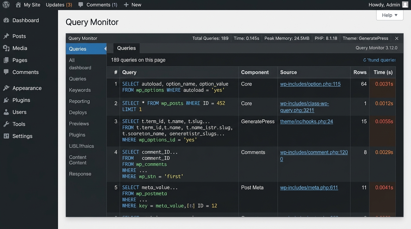 Query Monitor plugin hiển thị database queries và thời gian thực thi