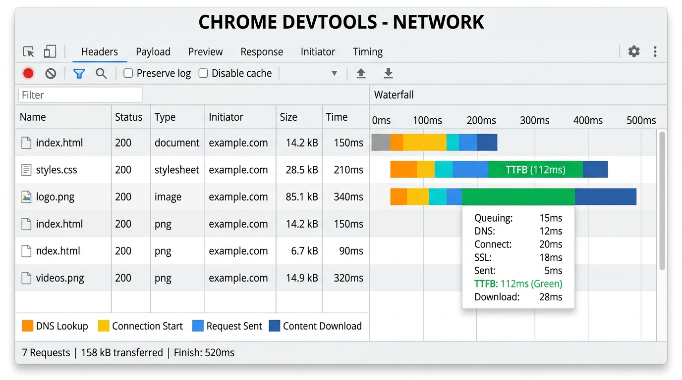 Sơ đồ TTFB trong waterfall chart của Chrome DevTools