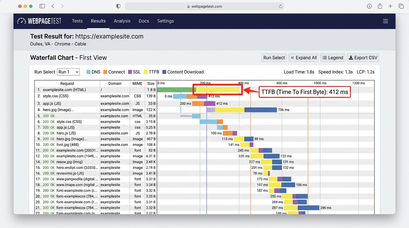 Giao diện WebPageTest với waterfall chart và TTFB timing