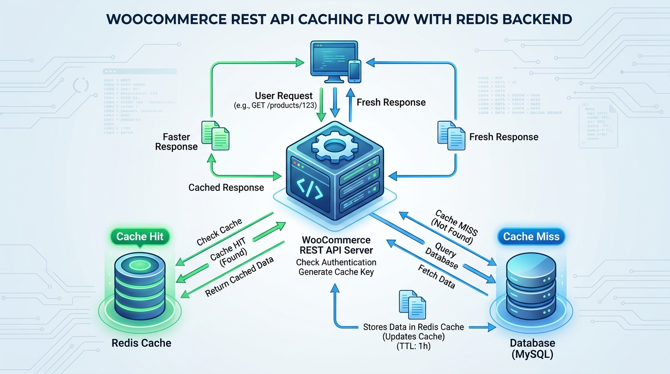 WooCommerce REST API caching architecture với Redis backend cải thiện performance