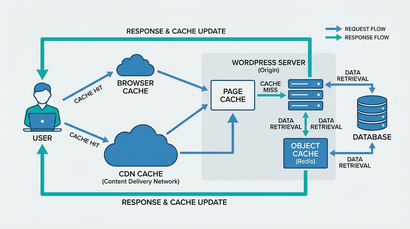 Sơ đồ hệ thống caching đa tầng cho WordPress gồm page cache, object cache, browser cache và CDN cache