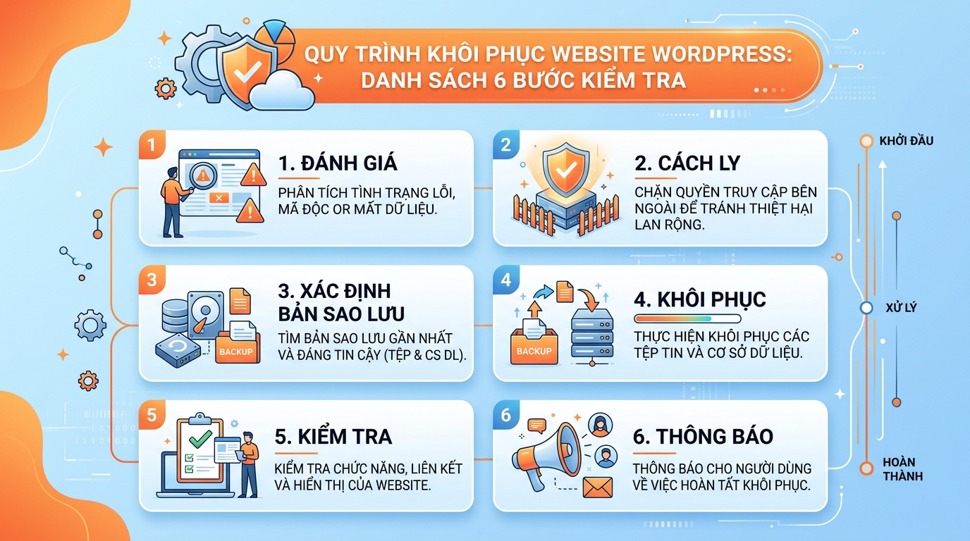 Infographic 6 bước checklist khôi phục website WordPress khi lỗi