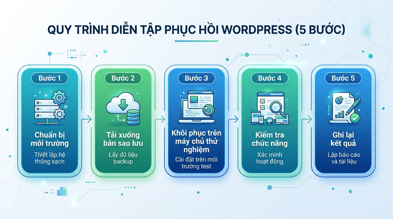 Sơ đồ quy trình restore drill 5 bước cho website WordPress