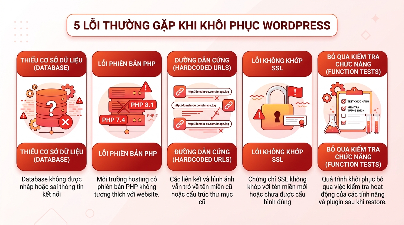 Minh họa 5 lỗi restore WordPress phổ biến nhất khiến downtime kéo dài