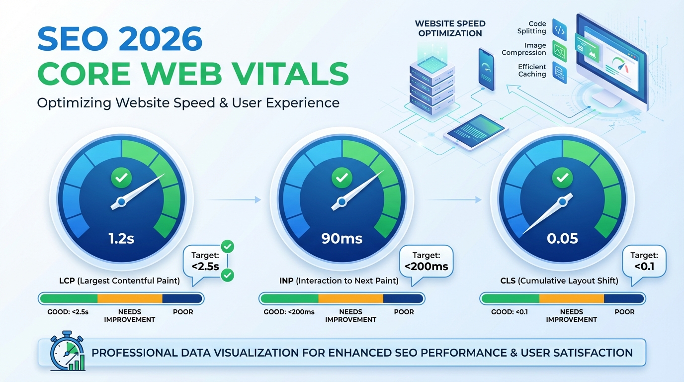Biểu đồ Core Web Vitals 2026 - LCP INP CLS và tiêu chuẩn đo lường