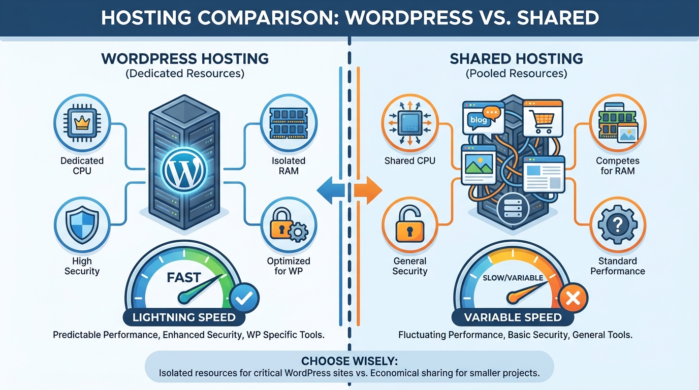 Sơ đồ so sánh WordPress Hosting với Shared Hosting - tài nguyên server và hiệu năng