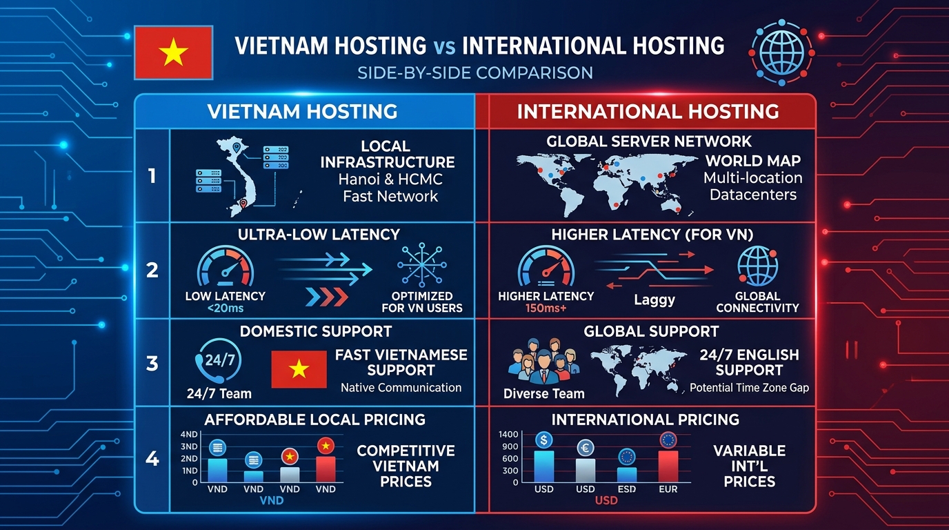 Bảng so sánh Hosting WordPress Việt Nam với Hosting Quốc tế - latency speed support