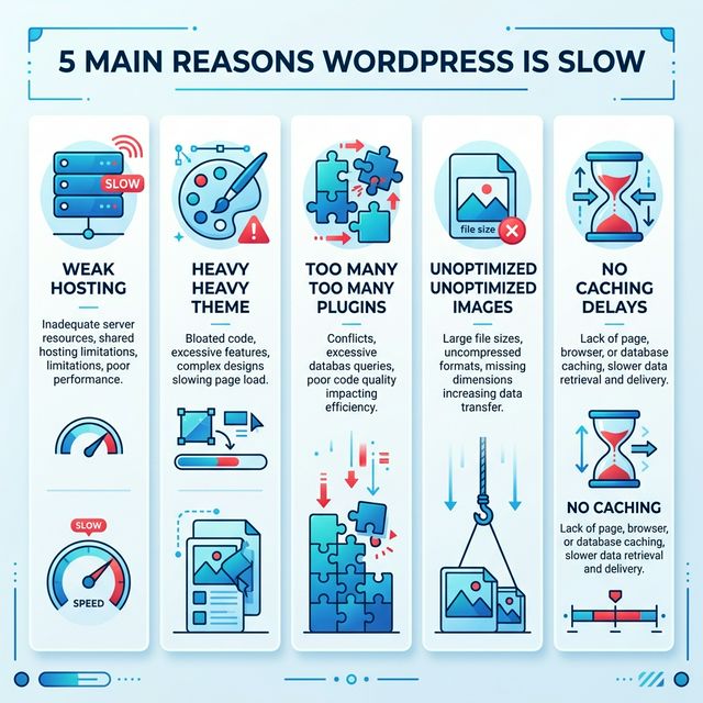 Sơ đồ 5 nguyên nhân khiến WordPress chậm: hosting yếu, theme nặng, plugin quá nhiều, ảnh chưa tối ưu, không caching