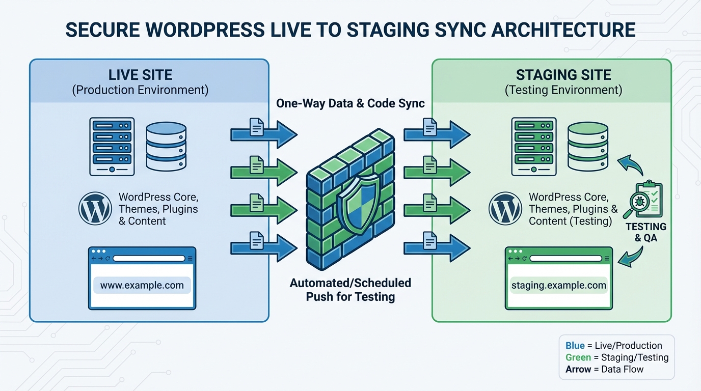 Sơ đồ minh họa môi trường staging WordPress với live site và staging site