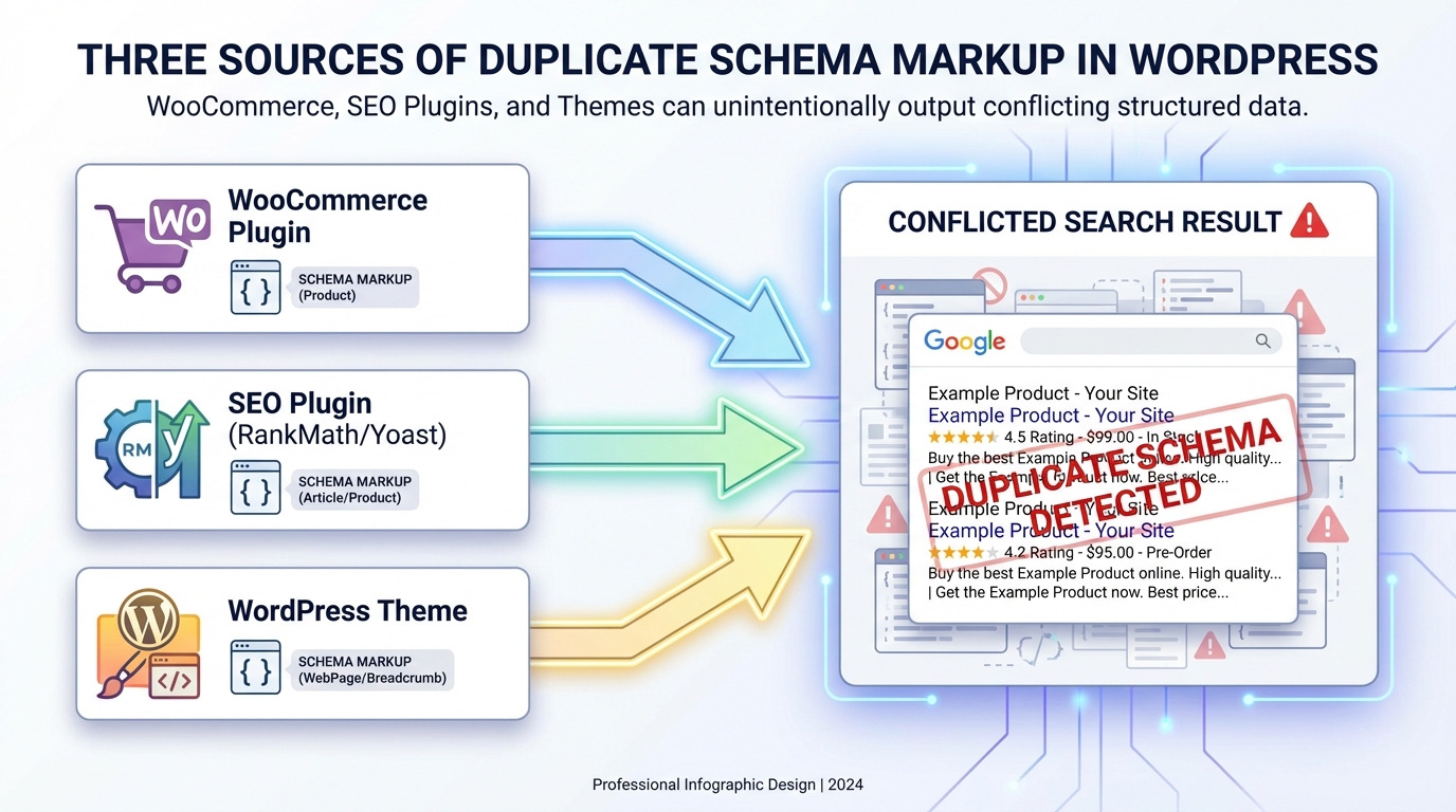 Sơ đồ minh họa 3 nguồn tạo schema: WooCommerce, plugin SEO, và theme WordPress