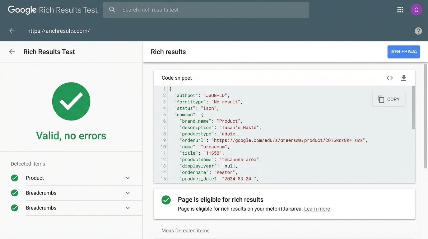 Giao diện Google Rich Results Test với kết quả kiểm tra schema không có lỗi